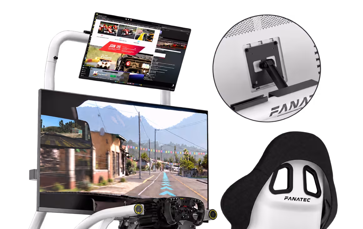 Additional screen above the main monitor on a white Fanatec GT Cockpit stand, with a close-up of the overhead bracket